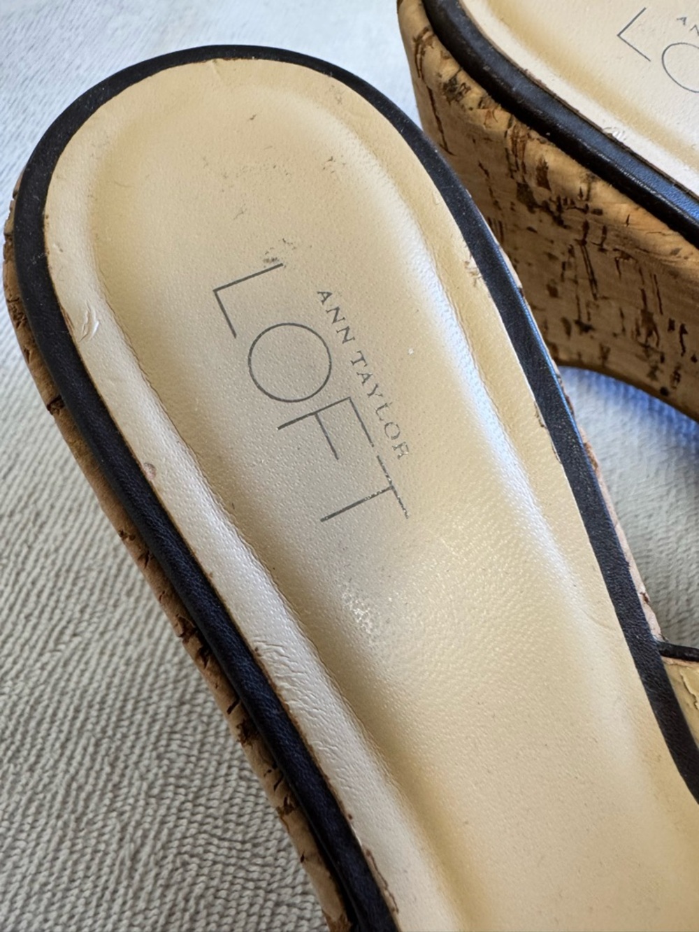 Ann Taylor LOFT Black Leather Cork Wedge Slide Sandals - Picture 2 of 4